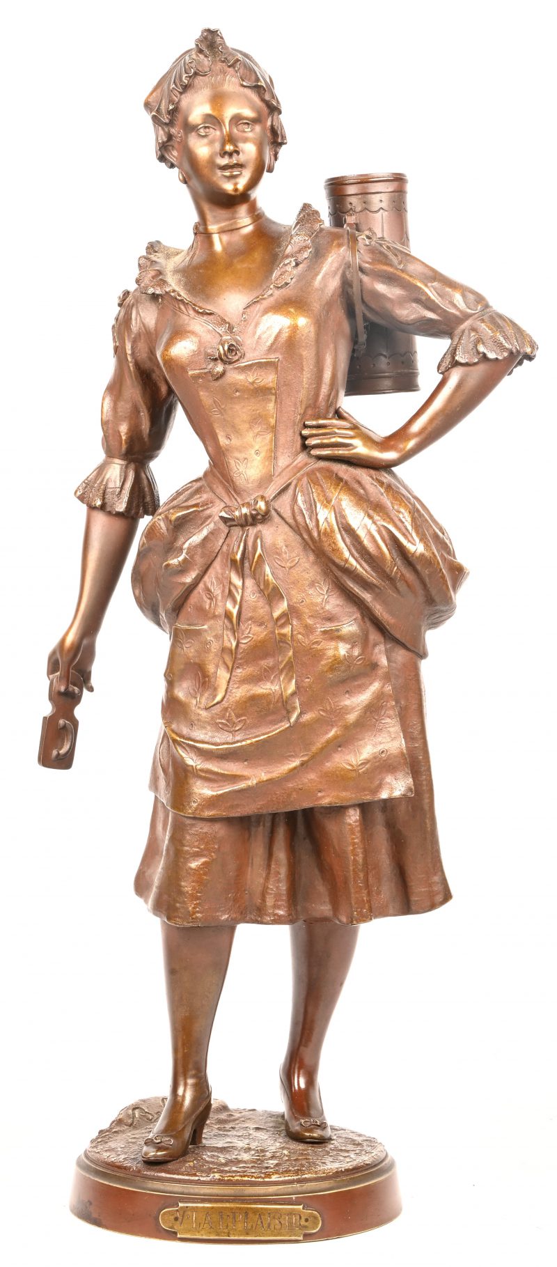 “V’la le Plaisir”. Bronzen beeld van een jonge vrouw met een koker met windroos met bruin patina. Gesigneerd.