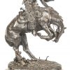 “Rattlesnake”. Bronzen beeld met stijgerend paard. Op groene marmeren sokkel. Gemerkt “Copyright by Frederik Remington.