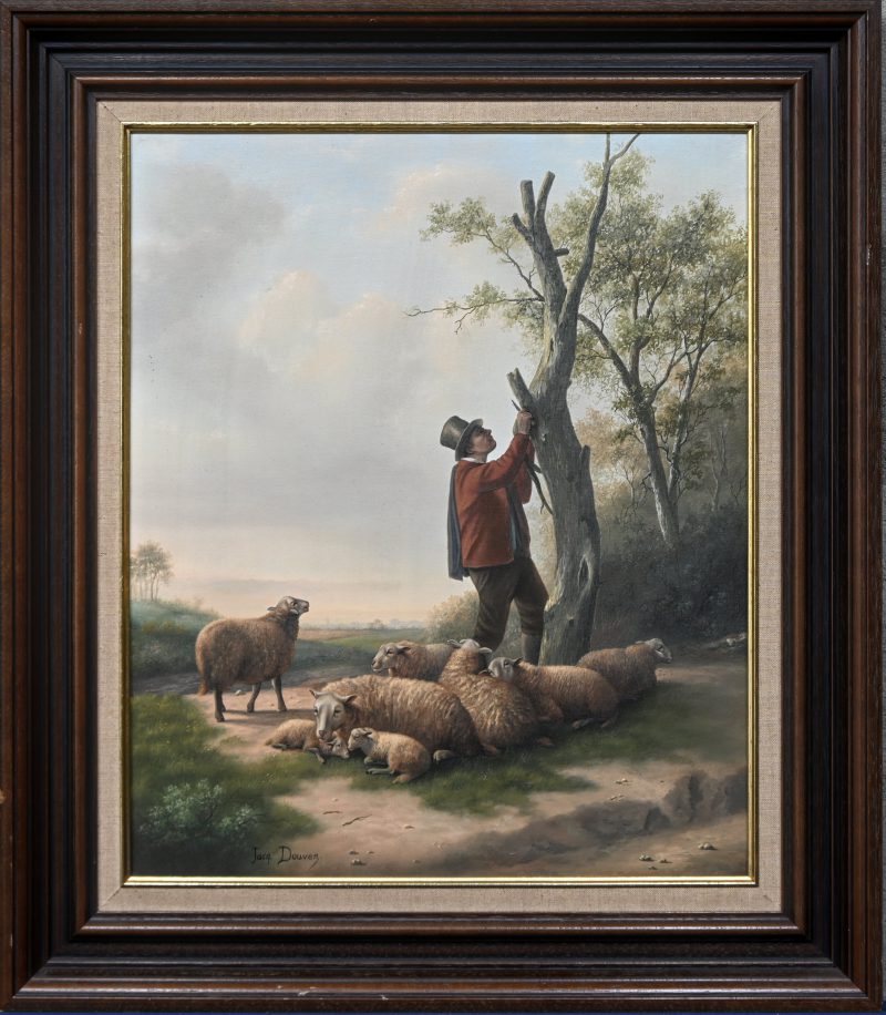 “Schaapsherder met hoge hoed”, een schilderij, olieverf op doek, gesigneerd.