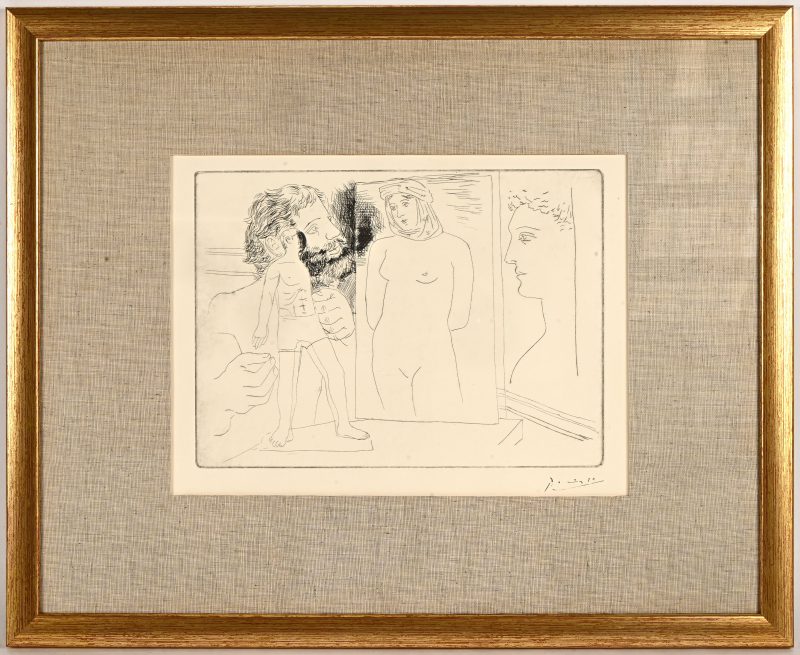 ‘Sculpteur avec sculpture et d’autres oevres’, een monochrome ets. Getekend met stempel buiten de plaat; Picasso.