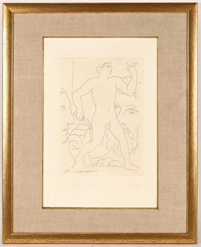 ‘Marie-Thérèse, sculpteur au travail et sculpture’, een monochrome ets. Getekend met stempel buiten de plaat; Picasso.