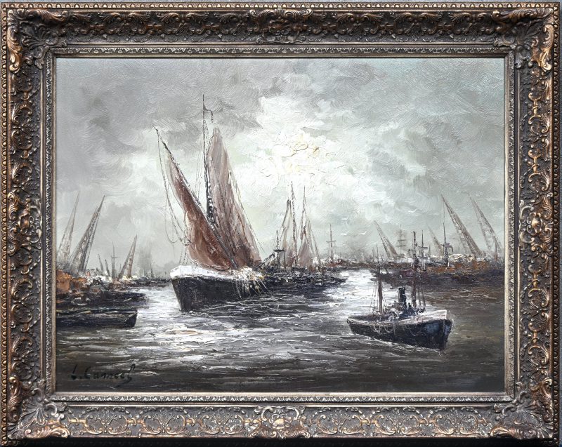 “Maritiem zicht”, een schilderij, olieverf op doek in vergulde kader, gesigneerd.