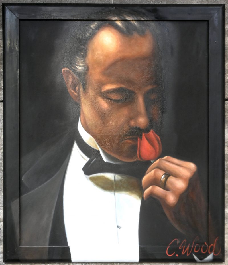 ‘Don Corleone’. Olieverf op doek doorlopend op de lijst. Getekend C. Wood.
