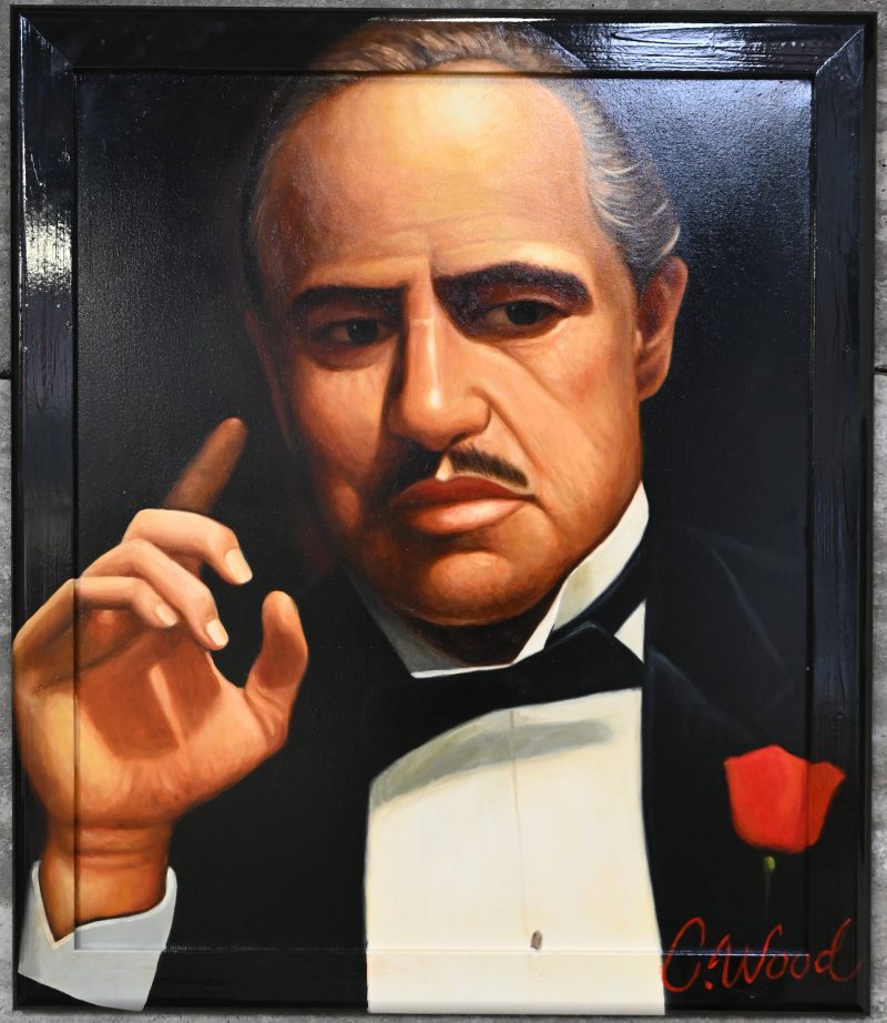 ‘Don Corleone met roos’. Olieverf op doek doorlopend op de lijst. Getekend C. Wood.