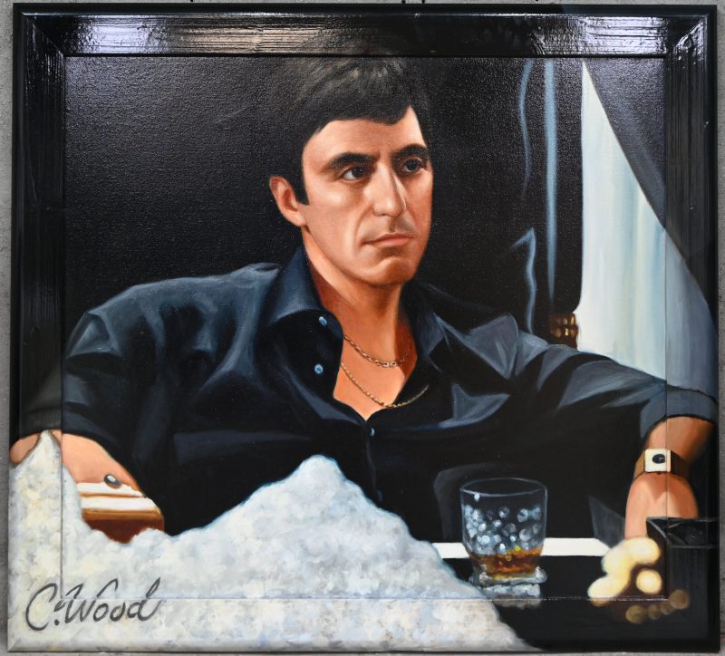 ‘Scarface met berg cocaine’. Olieverf op doek doorlopend op de lijst. Getekend C. Wood.