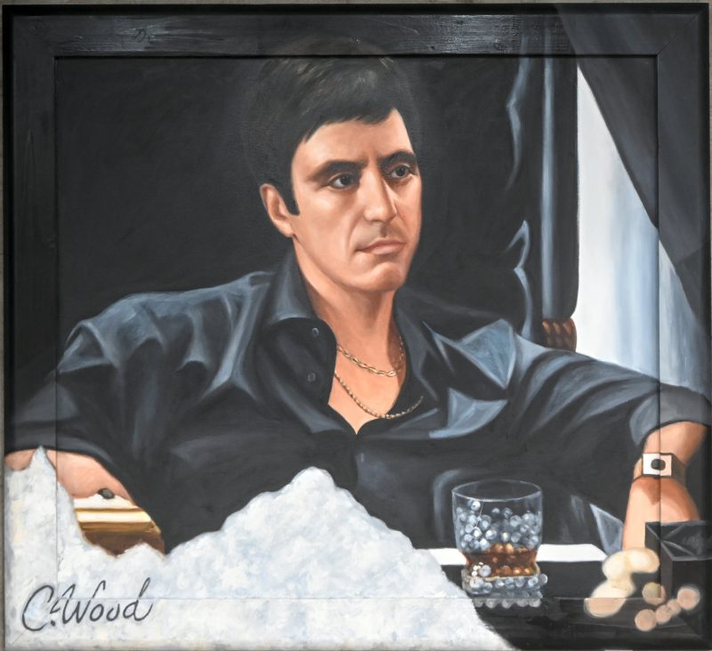 ‘Scarface met berg cocaine’. Olieverf op doek doorlopend op de lijst. Getekend; C. Wood.