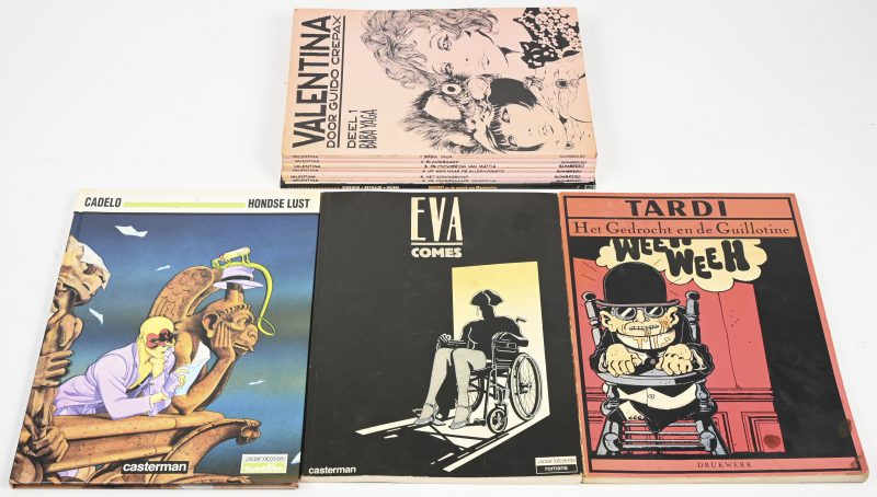 Een lot van 11 strips, diverse titels en uitgaven, bestaande uit 1-6 “Valentina” reeks - Guido Crepax, “Het Gedrocht en de guillotine” -Tardi, “Hondse Lust” - Cadelo, “Eva” - Comes, “Maigret en de maniak van Montmartre” - Simeon-Reynaud-Wurm en “De Openbaring” - Jodorowsky-Bess.