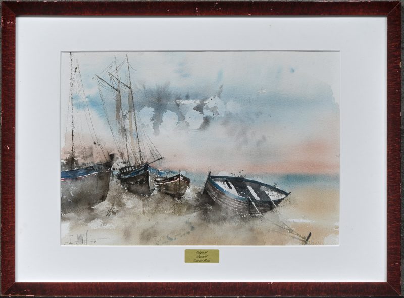 ‘Vissersloepen op het strand’, een impressionistisch aquarel. Getekend; E. Maes, ‘07.