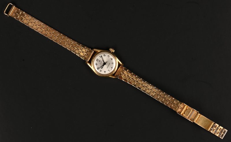 Een roestvrij stalen automatische dameshorloge met roestvrij stalen armband.