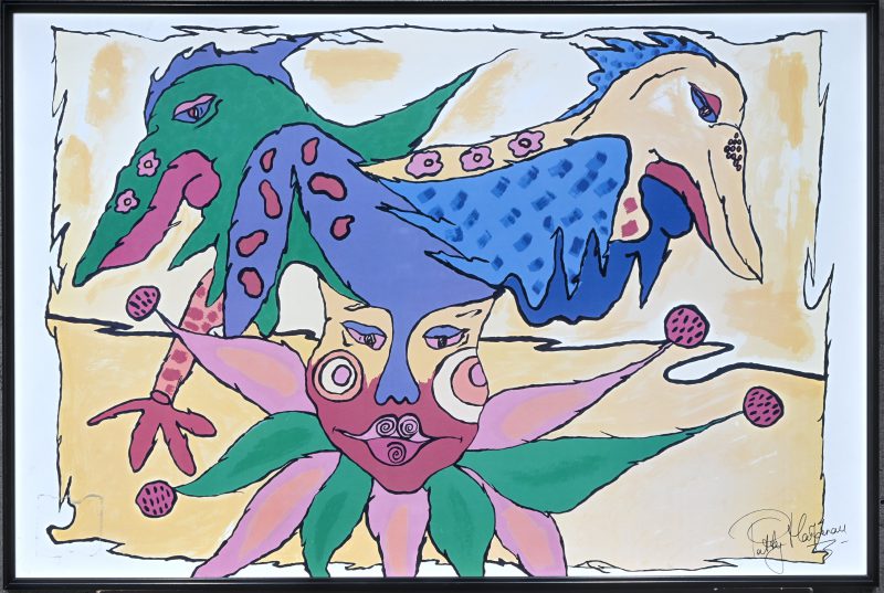 ‘Kleurrijke vogels’, een fotolithografische reproductie naar het werk van Patty Harpenau.