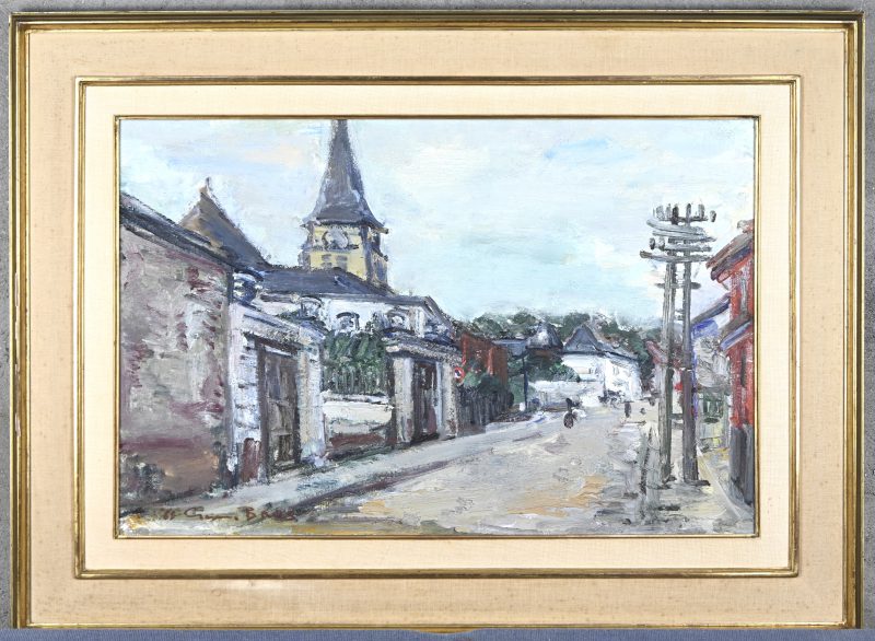 “Dropszicht met kerktoren.” Olieverf op doek. Gesigneerd. Gedateerd ‘61.