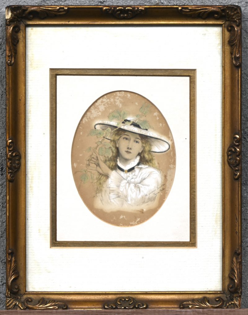 ‘The gardeners daughter’, een opgehoogde litho. Getekend; Francis Miles.