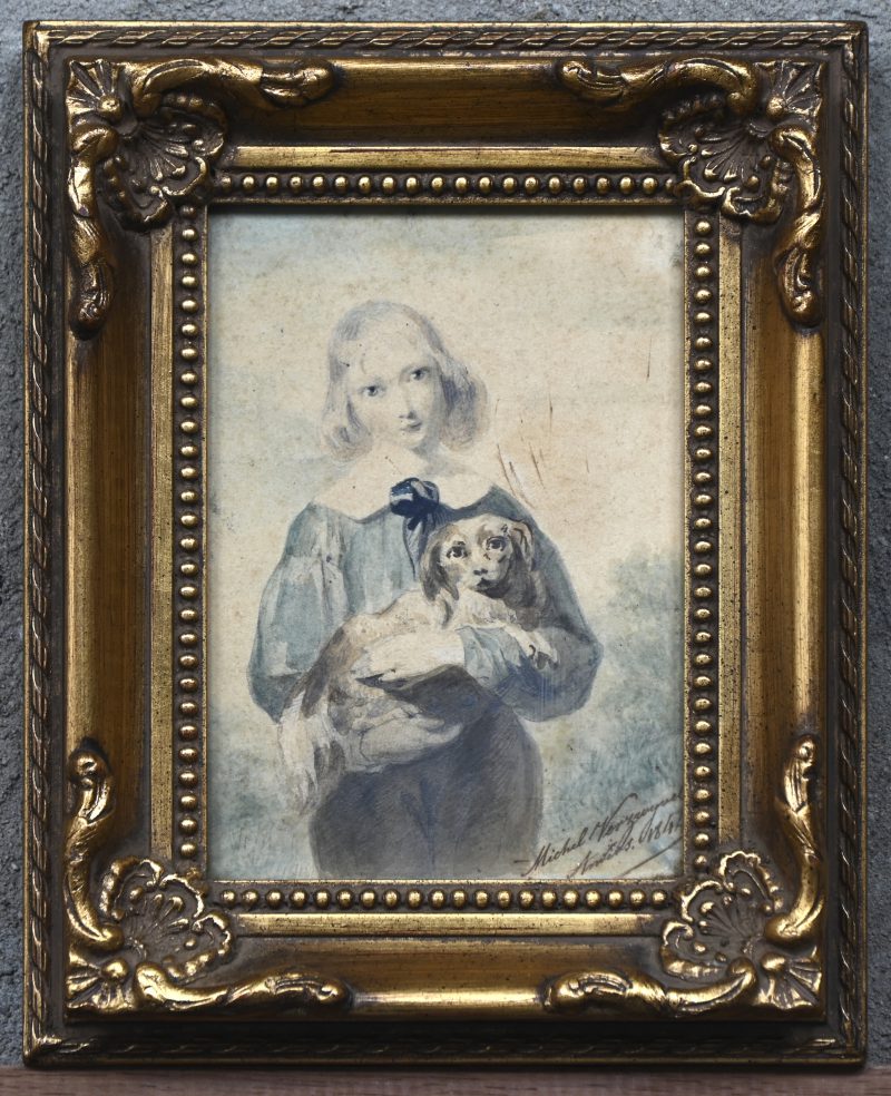 ‘Jonge knaap met hond’, gemengde techniek op papier. Getekend; Michel Verzwyvel, 1844.