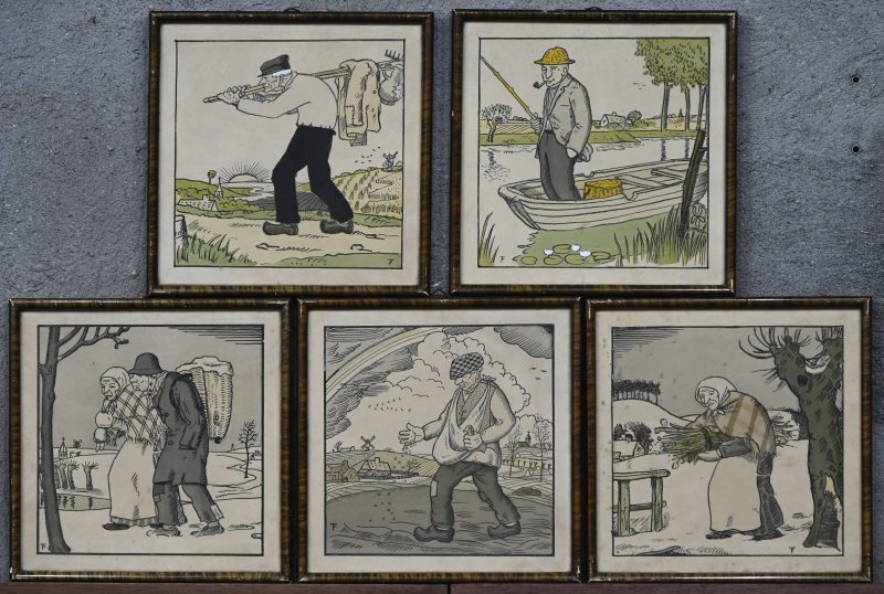 Diverse scene’s vanop het platteland. Een set van vijf litho’s, monogram in de plaat; TF.