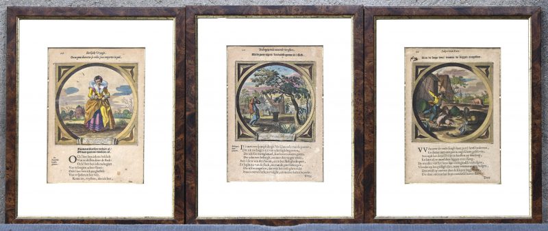 ‘Spreuken’, een set van drie ingekleurde gravures, 18e eeuw.