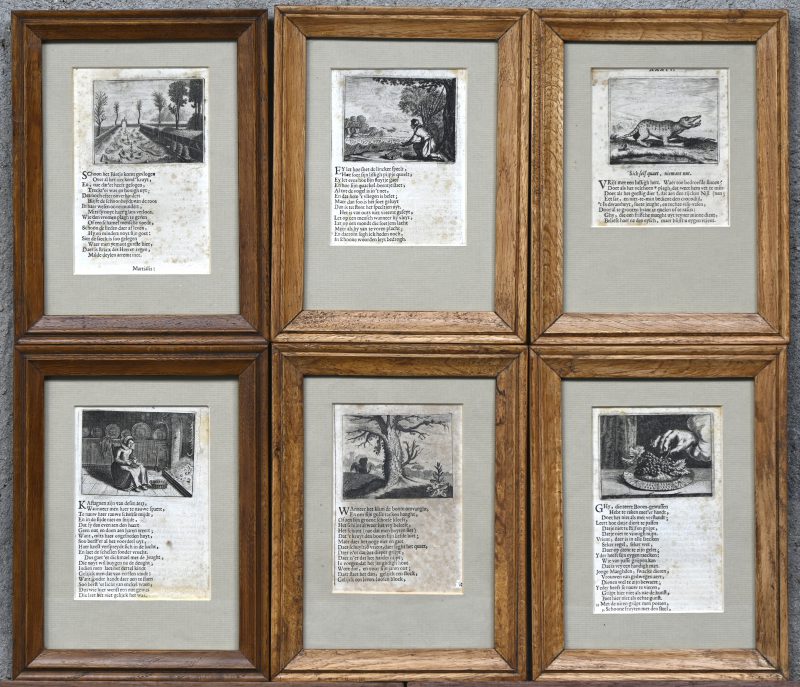 ‘Spreuken’, een set van zes monochrome gravures. 17e eeuw.