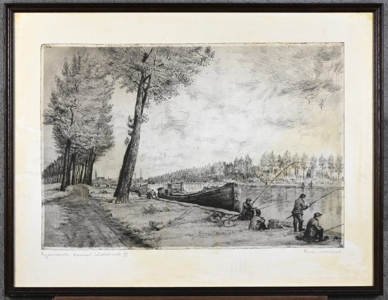 ‘Rijnvissers, kanaal Willebroek’, een monochrome ets. Getekend; Rom. Malfliet. Nr. 23 uit een oplage van 50 exemplaren.
