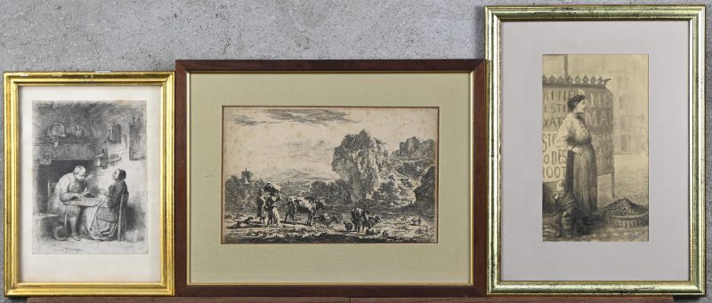 Een gevarieerd lot kaders, bestaande uit een ets, een gravure en een tekening.