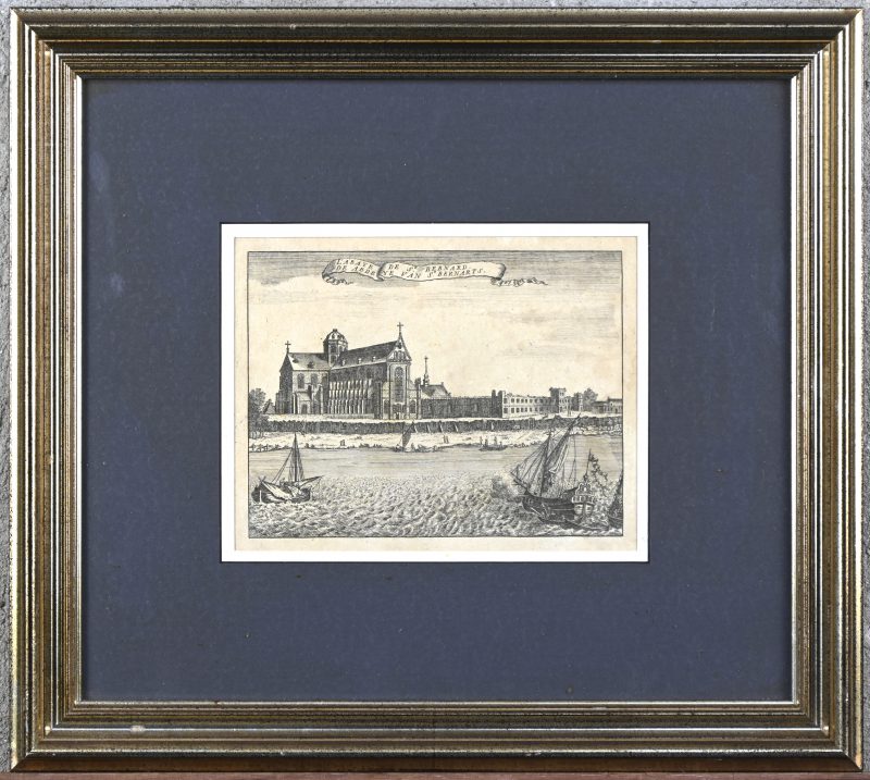 ‘De Abdeye van St. Bernarts’, een monochrome ets van de abdij van Hemiksem.
