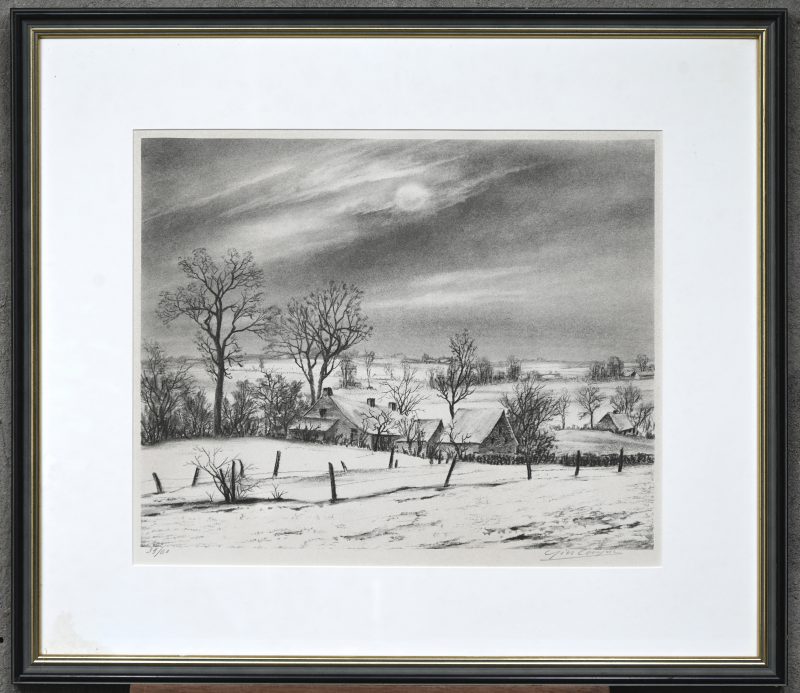 ‘Winterlandschap’, een monochrome litho. Getekend; Gies Cosijns. Nr. 39 uit een oplage van 60 exemplaren.