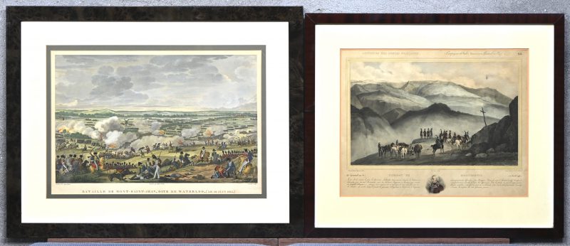 ‘De slag bij Montenotte’ en ‘Waterloo’. een lot van twee ingekleurde prenten (litho en ets) naar veldslagen van Napoleon.
