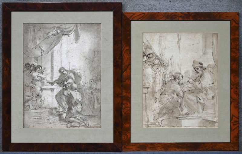 Een set van twee etsen in sepia tinten, met religieus thema. Niet getekend.
