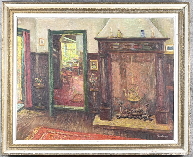 “Interieurzicht”, een schilderij, olieverf op doek, gesigneerd.