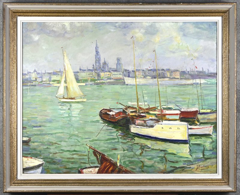 “Zicht vanop linkeroever”, een schilderij, olieverf op doek, gesigneerd.