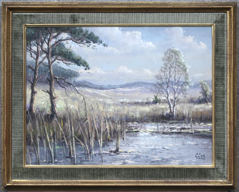 ‘Heidezicht met poel’, pasteltekening op papier. Getekend; G. Cox.