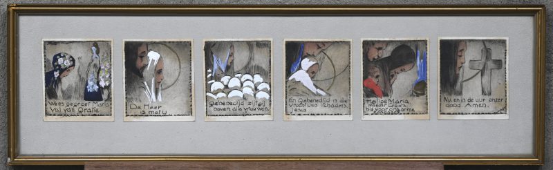 Een serie van zes religieus geïnspireerde etsjes. Ingekleurd met acryl, onleesbaar getekend.