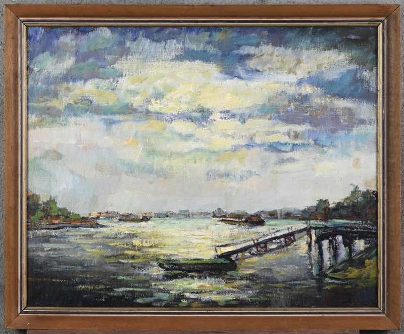 ‘Vrachtschepen op de Schelde’, olieverf op doek. Onleesbaar getekend.