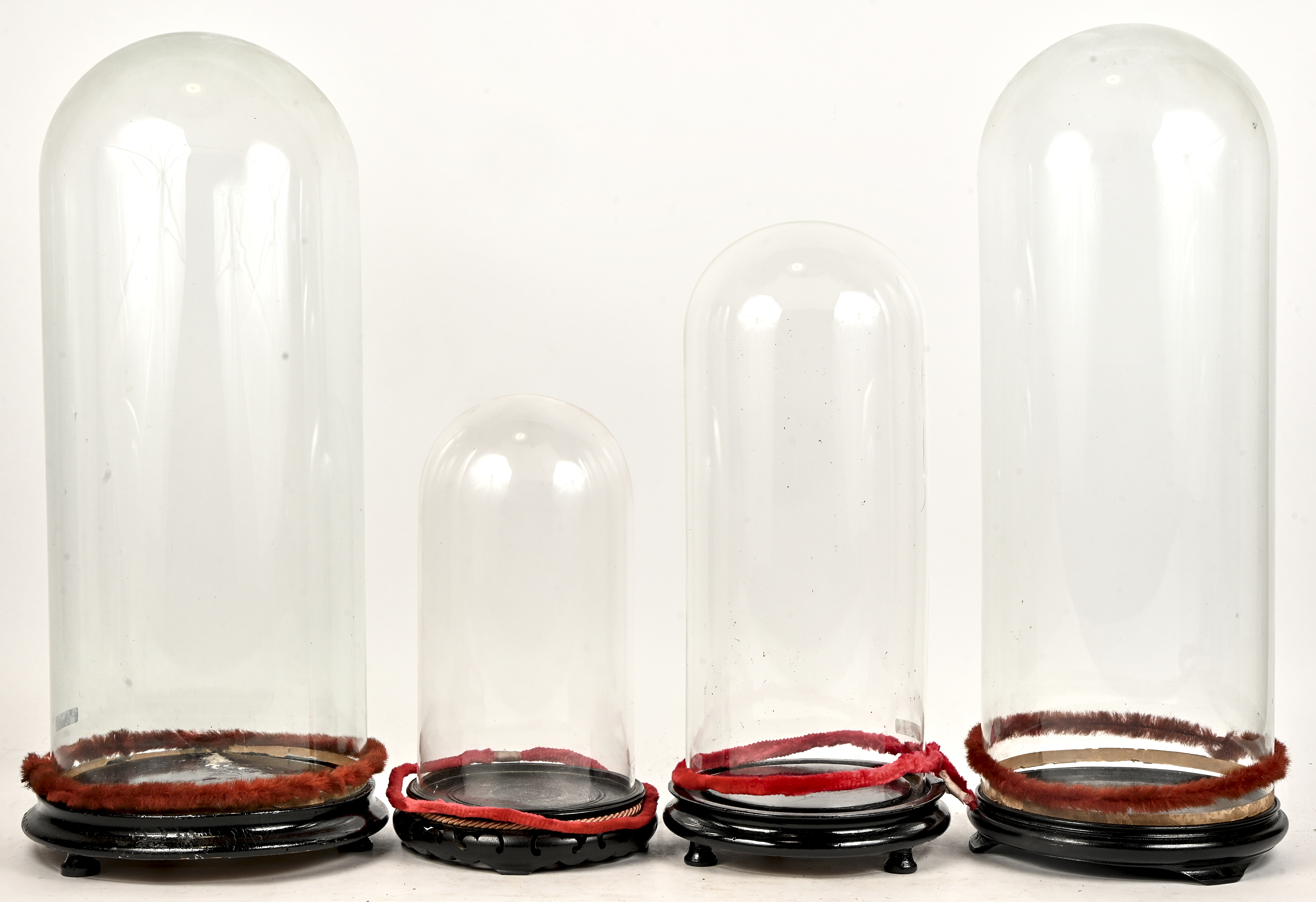 Een lot van 4 antieke glazen stolpen op houten sokkel Een lot van 4 antieke glazen stolpen op houten sokkel.