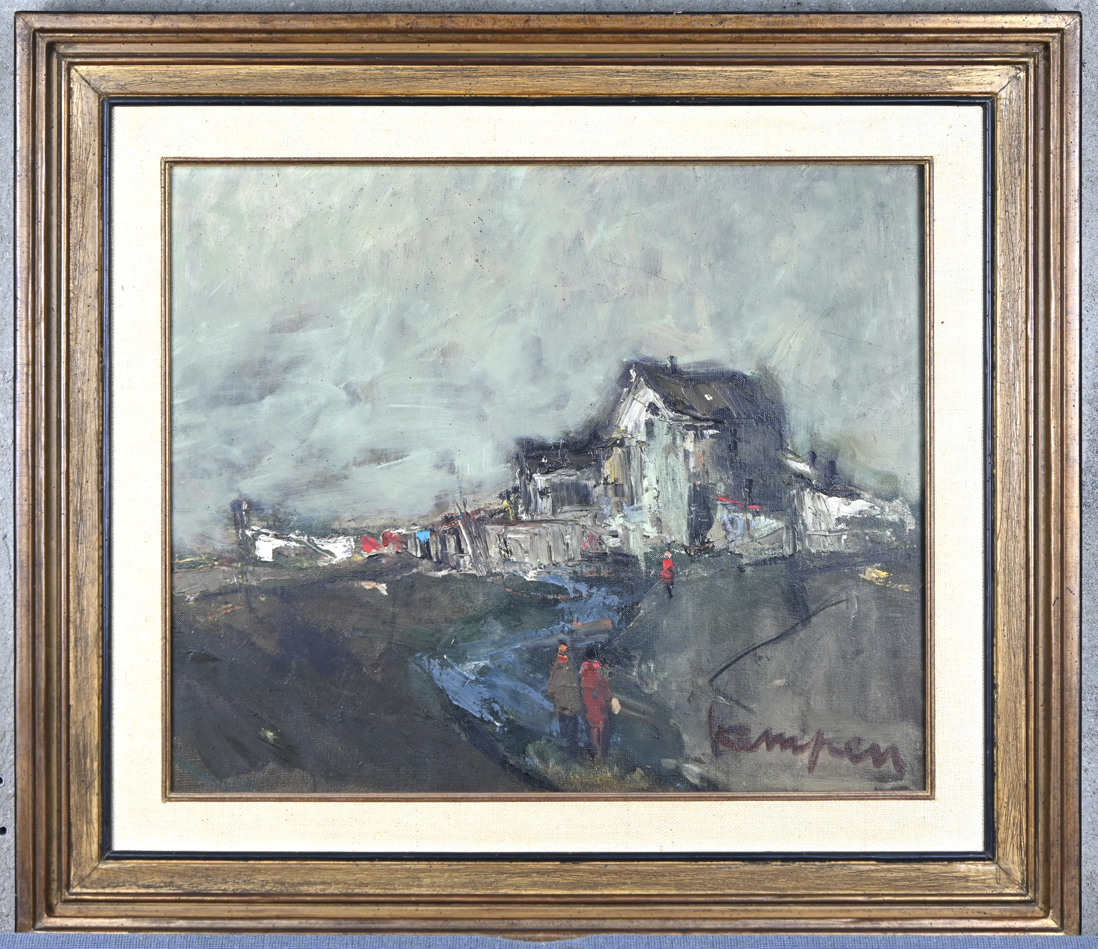 “Dorpszicht met figuren”, een schilderij, olieverf op doek, gesigneerd “Dorpszicht met figuren”, een schilderij, olieverf op doek, gesigneerd.