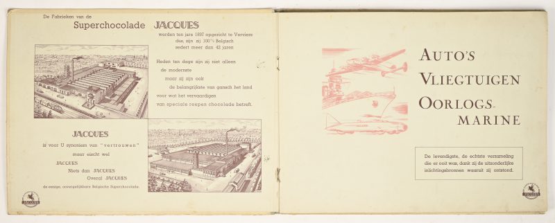 “Auto’s, Vliegtuigen, Oorlogs-marine”, een vintage boek van Chocolade Jacques. Alle chromo’s aanwezig.