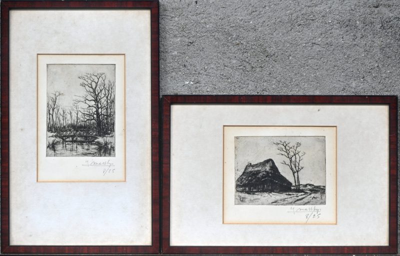 “Hoeve en bruggetje”, een lot van 2 etsen, gesigneerd J. Matthys.