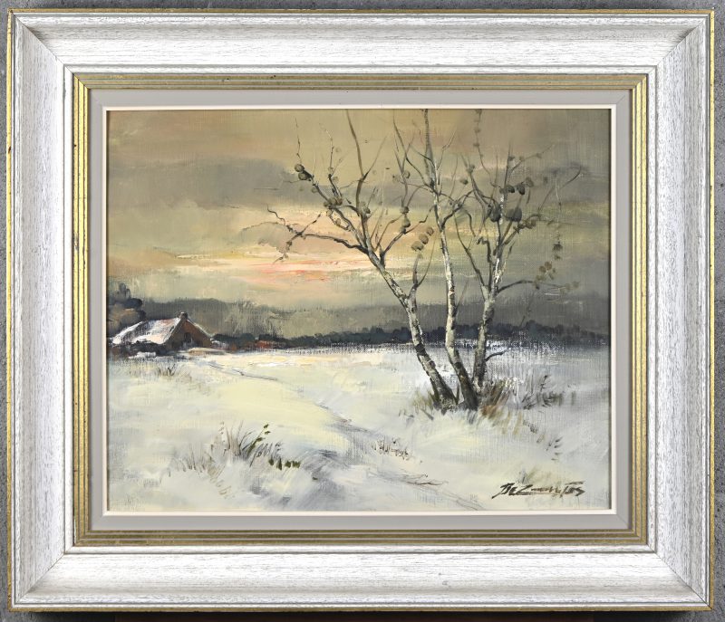 “Winters hoevezicht”, een schilderij, olieverf op doek, gesigneerd.