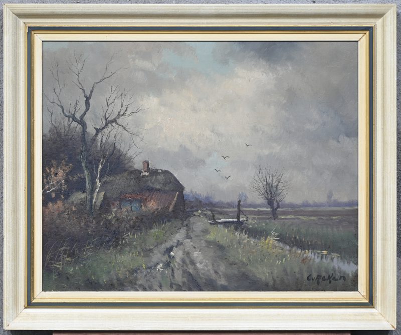 ‘Landschap bij stormweer’, olieverf op doek. Getekend; C. V. Reken.