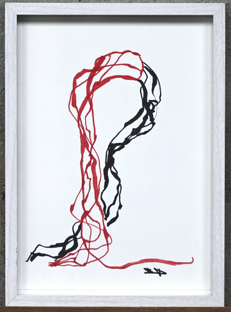 ‘Typische figuratie’, abstract compositie in viltstift op papier. Getekend met monogram; P. D.