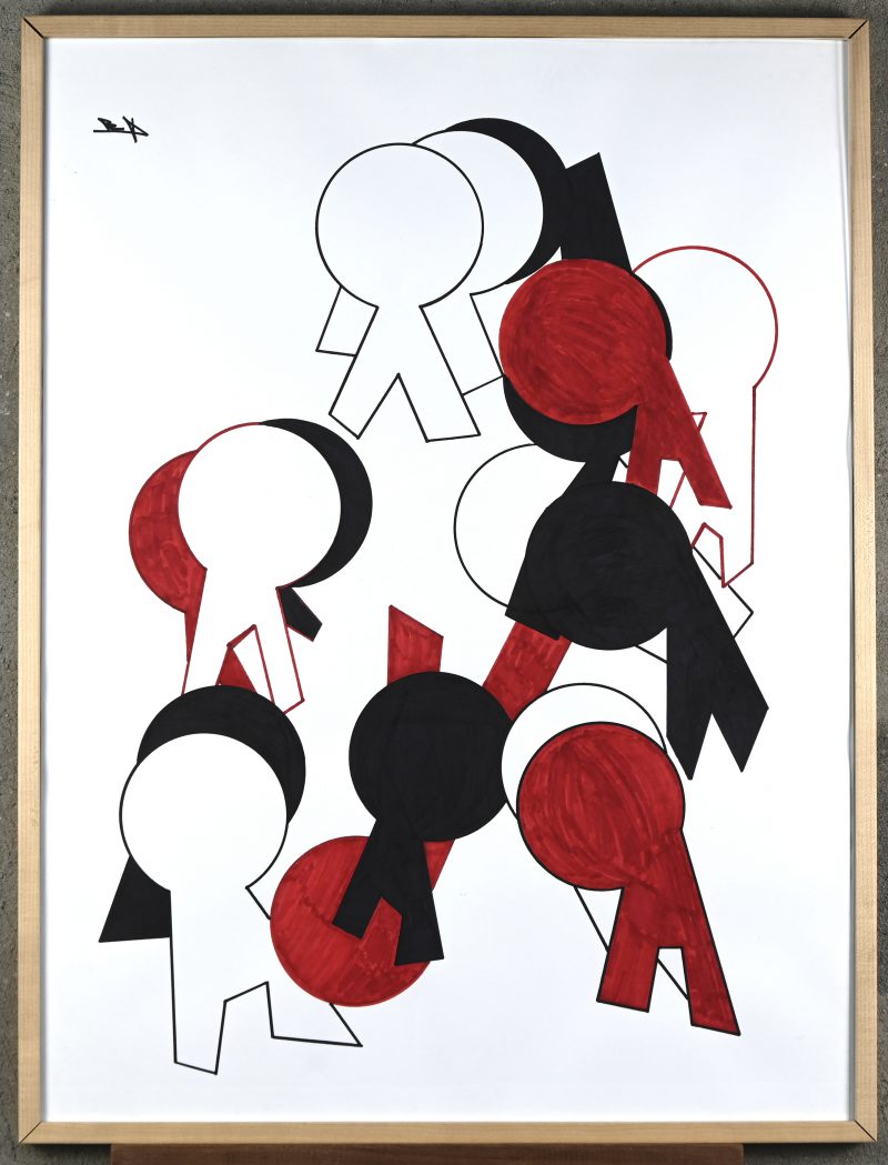 ‘Typische figuratie’, abstract compositie in viltstift op papier. Getekend met monogram; P. D.
