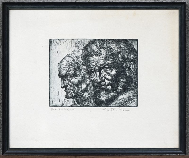 ‘Karakterkoppen’, een monochrome ets. Getekend; E. Van Dooren.