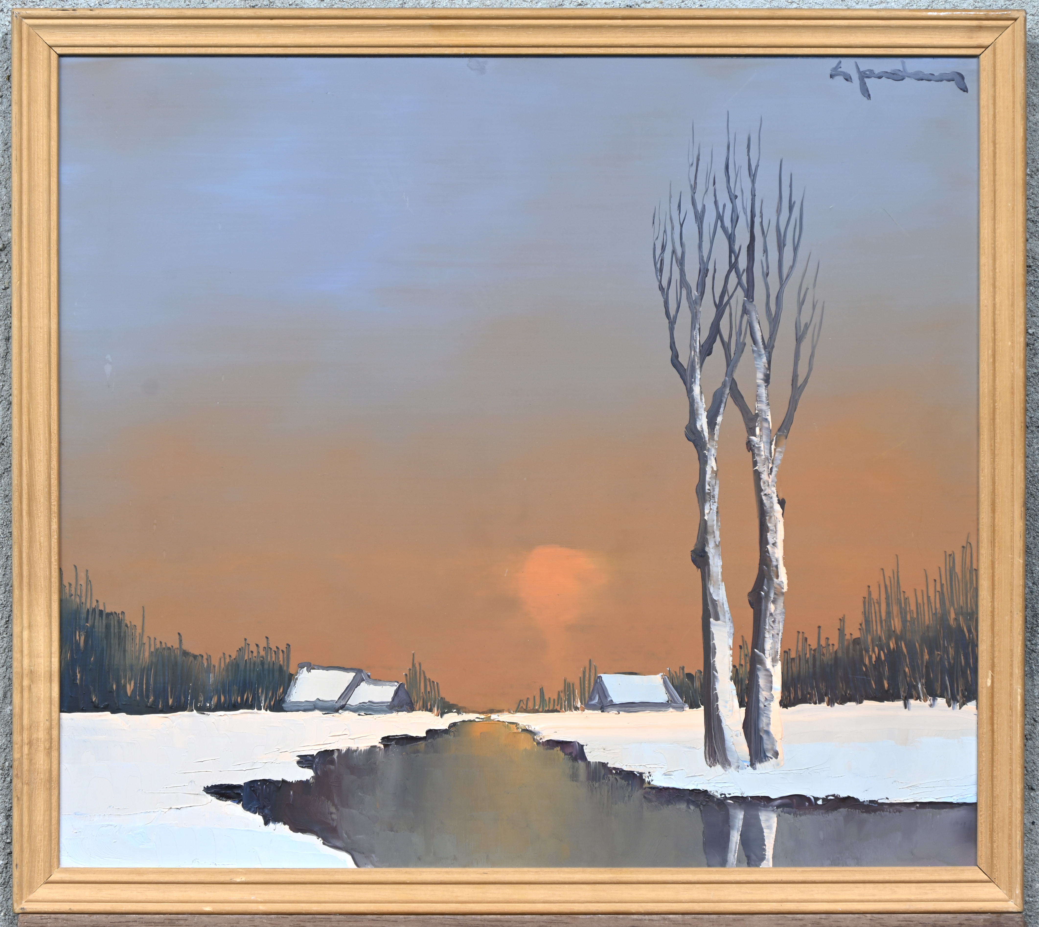 ’Winterlandschap met ondergaande zon’, olieverf op paneel. Getekend; L. Jordaens ’Winterlandschap met ondergaande zon’, olieverf op paneel. Getekend; L. Jordaens.