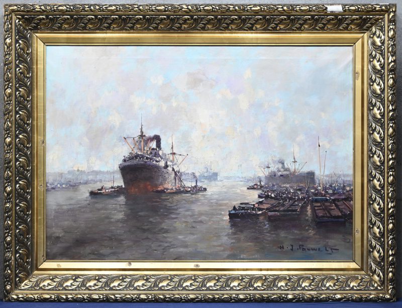 “Vrachtschepen in de haven voor de rede van Antwerpen”. Olieverf op doek. Gesigneerd rechtsonder.