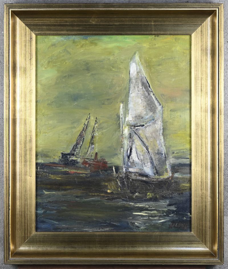 “Zeilboten op zee”. Olieverf op doek. Gesigneerd rechtsonder.
