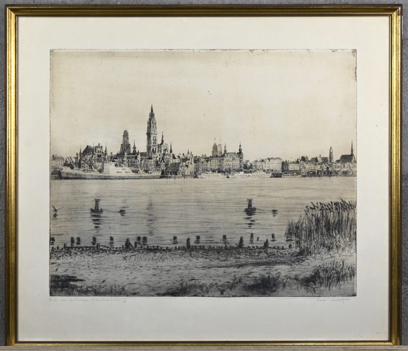 “De Rede van Antwerpen met Flandriaboten”. Gravure. Gesigneerd, getiteld en genummerd 6/100 buiten de plaat.