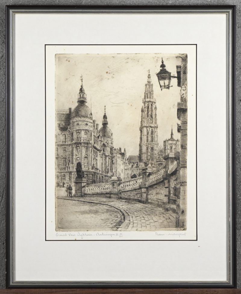 “Ernest Van Dyckkaai, Antwerpen II”. Gravure. Gesigneerd, getiteld en genummerd 36/100 buiten de plaat.