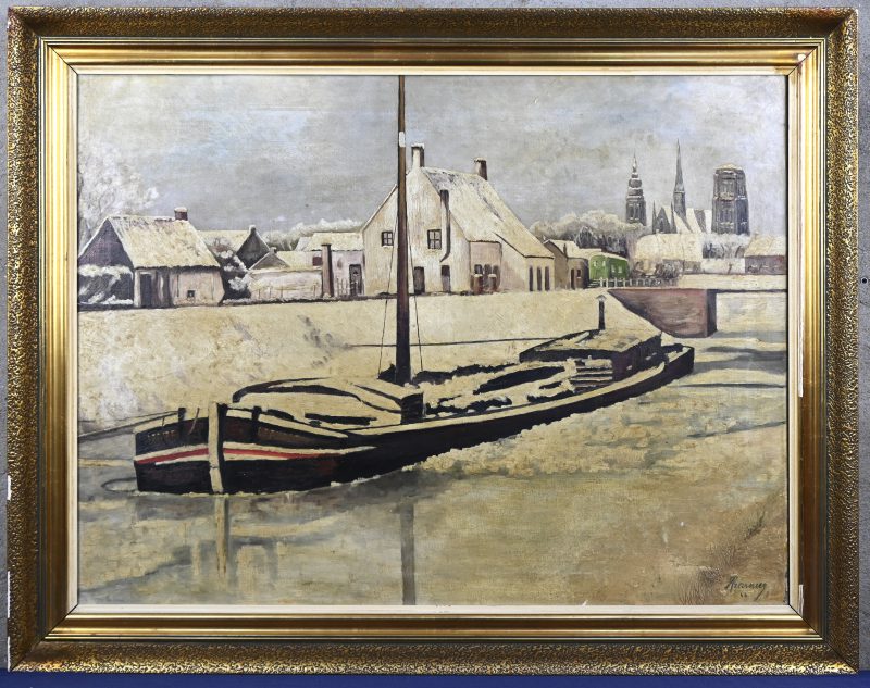 “Binnenschip in een besneeuwd landschap”. Olieverf op doek. Gesigneerd en gedateerd 1945 rechtsonder.