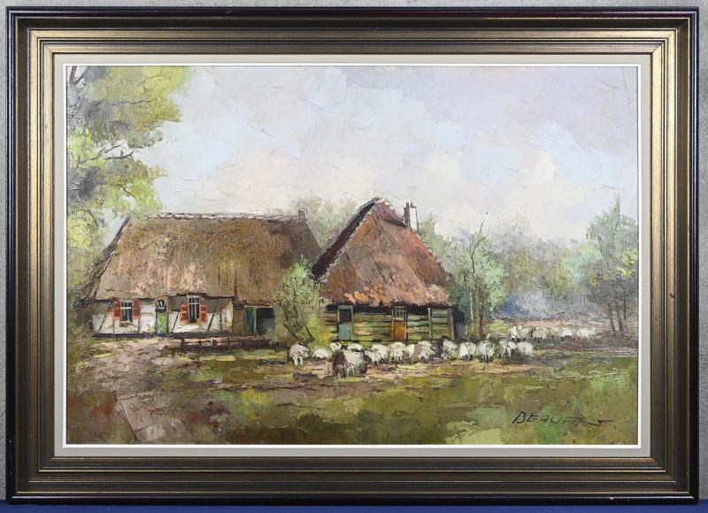 “Schaapskudde bij de hoeve”. Olieverf op doek. Gesigneerd.