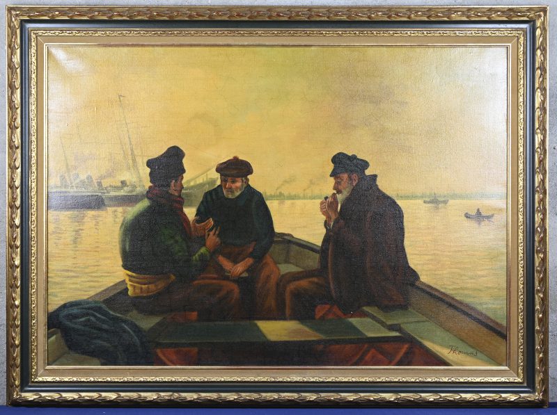“Drie schippers op een sloep”. Olieverf op doek. Gesigneerd.