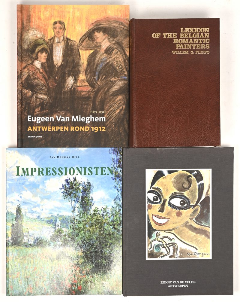 Een lot van vier kunstboeken; Impressionisten, Lexicon of the Belgian romantic painters, Eugeen van Mieghem en een uitgave door Ronny van de Velde.