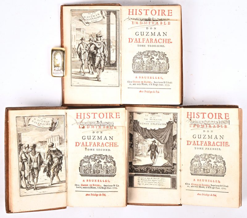 “LHistoire de l'admirable don Guzman d'Alfarache”, 3 volumes, door Mateo Alemán, gedrukt door George de Backer, 1705.